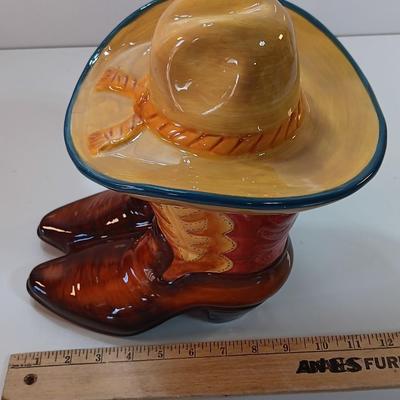 Cowboy boots and hat ceramic cookie jar