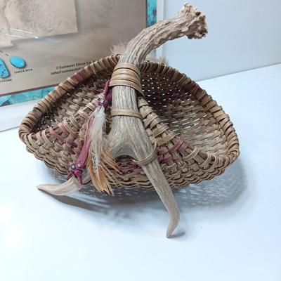 Sunset Silver Co. Turquoise display board and an adorable basket with antler