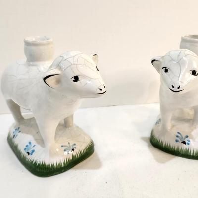 Lot #21  Pair Hand Painted Portugal Cendlesticks - Lambs