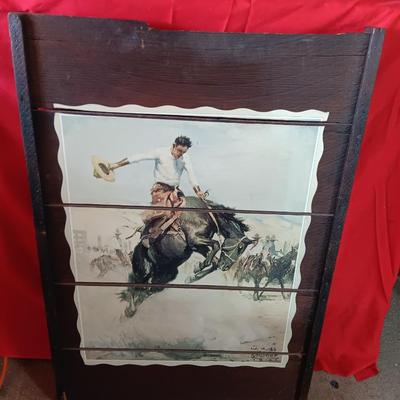 Large Wilhelm Heinrich Detlev KÃ¶rner - Bucking print artwork on Vintage Wood Bronc Horse Rider