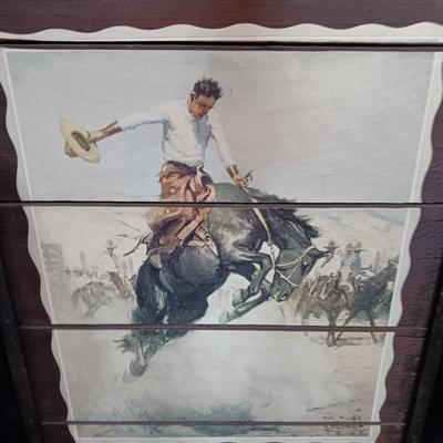 Large Wilhelm Heinrich Detlev KÃ¶rner - Bucking print artwork on Vintage Wood Bronc Horse Rider