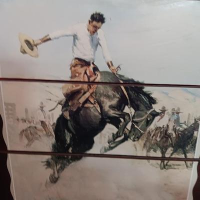 Large Wilhelm Heinrich Detlev KÃ¶rner - Bucking print artwork on Vintage Wood Bronc Horse Rider