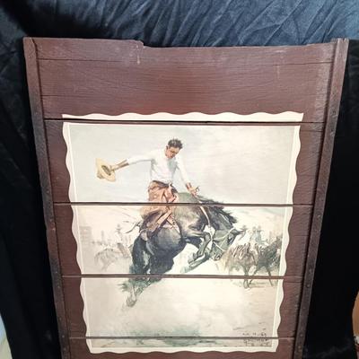 Large Wilhelm Heinrich Detlev KÃ¶rner - Bucking print artwork on Vintage Wood Bronc Horse Rider