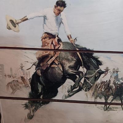 Large Wilhelm Heinrich Detlev KÃ¶rner - Bucking print artwork on Vintage Wood Bronc Horse Rider