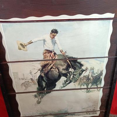 Large Wilhelm Heinrich Detlev KÃ¶rner - Bucking print artwork on Vintage Wood Bronc Horse Rider