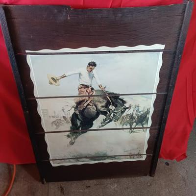 Large Wilhelm Heinrich Detlev KÃ¶rner - Bucking print artwork on Vintage Wood Bronc Horse Rider
