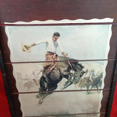 Large Wilhelm Heinrich Detlev KÃ¶rner - Bucking print artwork on Vintage Wood Bronc Horse Rider