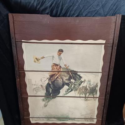 Large Wilhelm Heinrich Detlev KÃ¶rner - Bucking print artwork on Vintage Wood Bronc Horse Rider