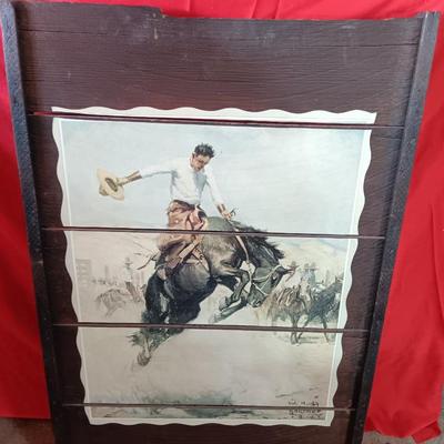 Large Wilhelm Heinrich Detlev KÃ¶rner - Bucking print artwork on Vintage Wood Bronc Horse Rider