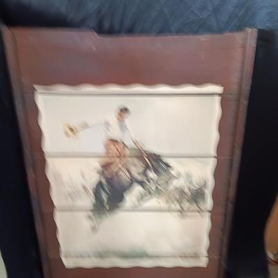 Large Wilhelm Heinrich Detlev KÃ¶rner - Bucking print artwork on Vintage Wood Bronc Horse Rider