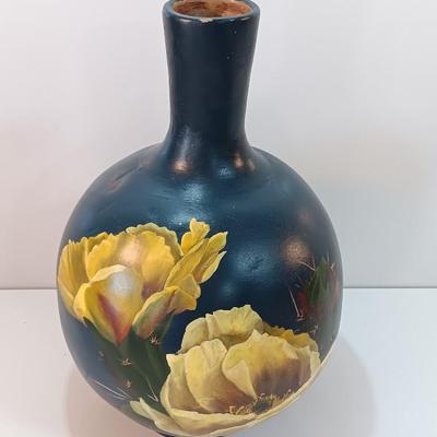 Antique Cactus bloom clay vase signed Etta Ford 83'