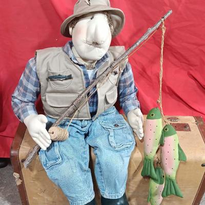 Handmade Grandpa Fisherman complete with pole and string of trout! Flies on his vest and hat