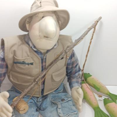 Handmade Grandpa Fisherman complete with pole and string of trout! Flies on his vest and hat