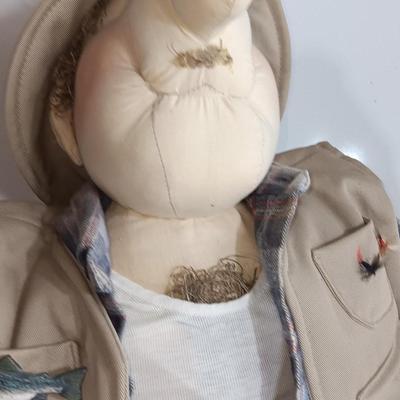 Handmade Grandpa Fisherman complete with pole and string of trout! Flies on his vest and hat