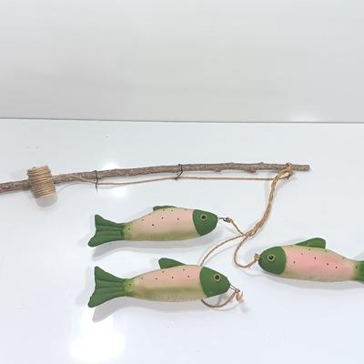 Handmade Grandpa Fisherman complete with pole and string of trout! Flies on his vest and hat