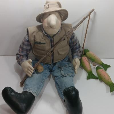 Handmade Grandpa Fisherman complete with pole and string of trout! Flies on his vest and hat