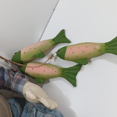 Handmade Grandpa Fisherman complete with pole and string of trout! Flies on his vest and hat