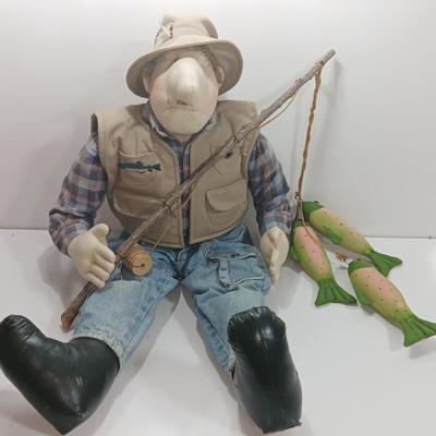 Handmade Grandpa Fisherman complete with pole and string of trout! Flies on his vest and hat