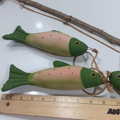 Handmade Grandpa Fisherman complete with pole and string of trout! Flies on his vest and hat