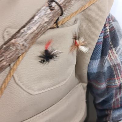 Handmade Grandpa Fisherman complete with pole and string of trout! Flies on his vest and hat