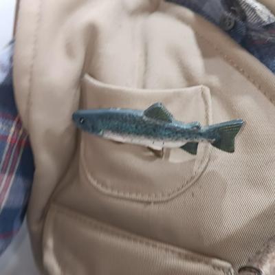 Handmade Grandpa Fisherman complete with pole and string of trout! Flies on his vest and hat