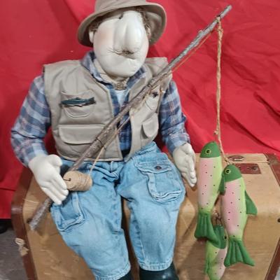 Handmade Grandpa Fisherman complete with pole and string of trout! Flies on his vest and hat