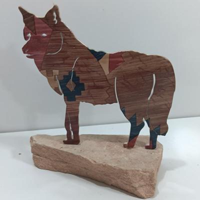 Southwestern metal Wolf and Lizard mounted on Sandstone