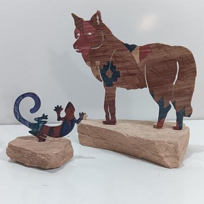 Southwestern metal Wolf and Lizard mounted on Sandstone