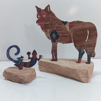 Southwestern metal Wolf and Lizard mounted on Sandstone