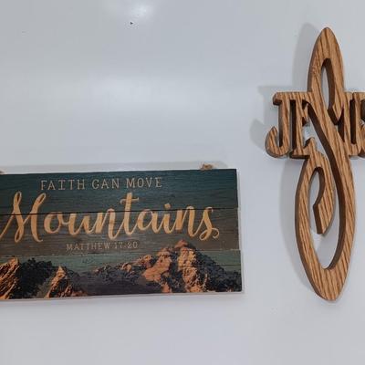Wooden wall art - wooden Jesus - and Faith can move Mountains. Matthew 17:20