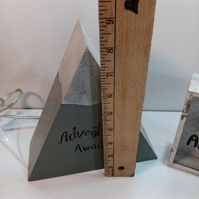 Adventure awaits! wooden accent light, and a Save for your next Adventure glass front wood framed fund bank