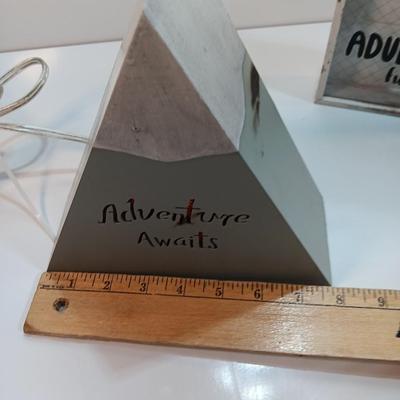 Adventure awaits! wooden accent light, and a Save for your next Adventure glass front wood framed fund bank