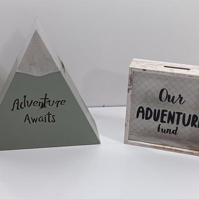Adventure awaits! wooden accent light, and a Save for your next Adventure glass front wood framed fund bank
