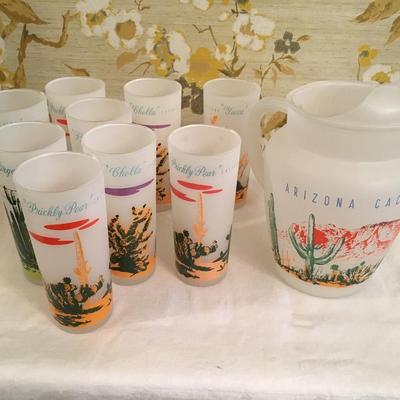 Vintage glass cacti pitcher and glasses