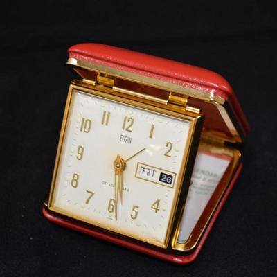 Vintage ELGIN Wind-Up Travel Alarm Clock with Day/Date
