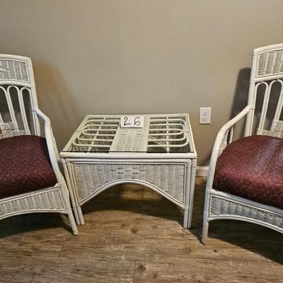 Rattan wicker table with glass top and two chairs