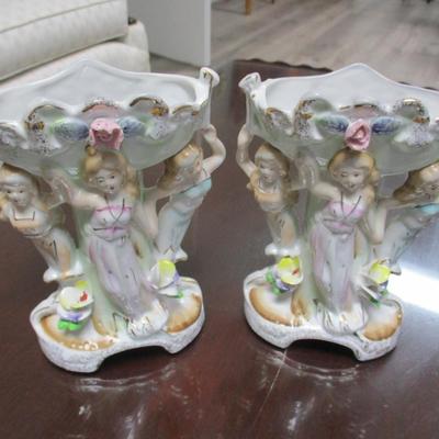 Pair of Vintage Floral Three Ladies Ceramic Vases - H