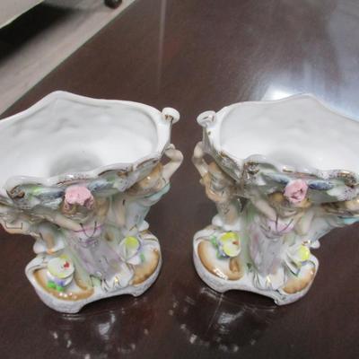 Pair of Vintage Floral Three Ladies Ceramic Vases - H