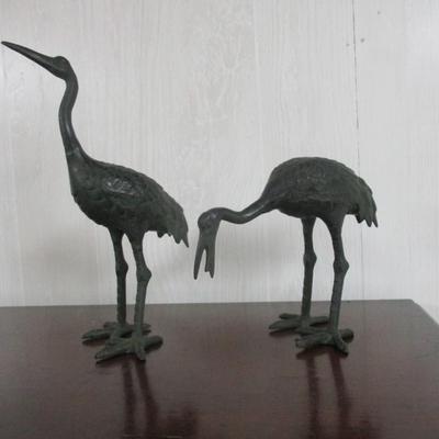 Pair Of Vintage Bronze Patina Egret Birds - H