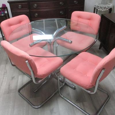 Vintage Chrome Finish Framed Glass Dining Room Table Four Matching Chairs - H