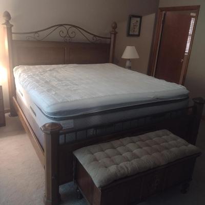 King Sized Solid Wood with Wrought Metal Accent Bed with Sealy Posturepedic Mattress Set