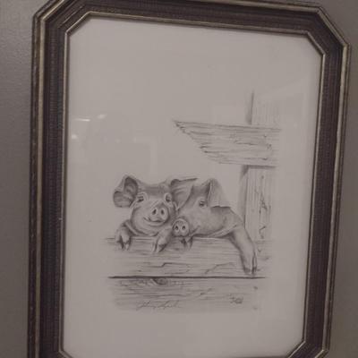 Framed Art Pencil Drawing Pig Couple by Johnny Lynch