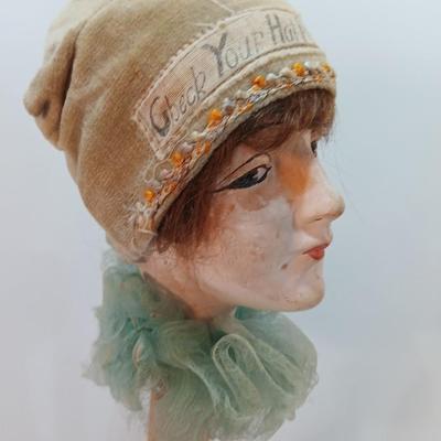 Vintage Side Eye Woman Head Wig/ Hat Stand With felt covered base. "Check your Hat Please"