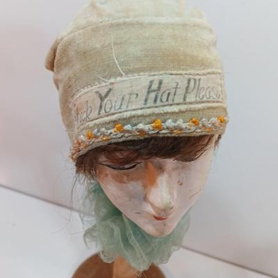 Vintage Side Eye Woman Head Wig/ Hat Stand With felt covered base. "Check your Hat Please"