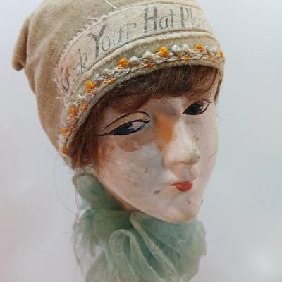 Vintage Side Eye Woman Head Wig/ Hat Stand With felt covered base. "Check your Hat Please"