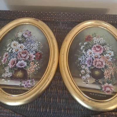 Pair of Small Oval Frame Floral Painting by Viveros