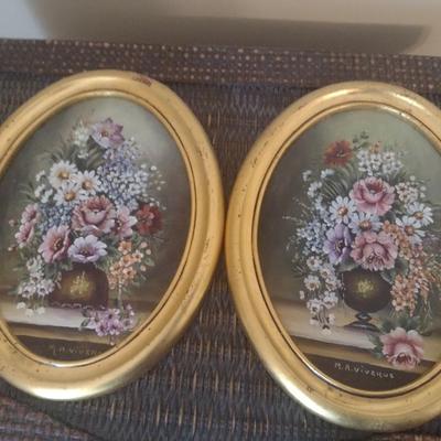 Pair of Small Oval Frame Floral Painting by Viveros