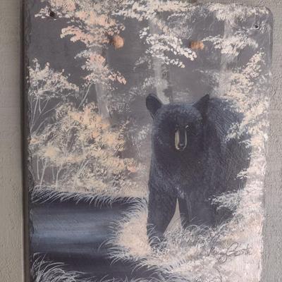 Painted Slate Tile Black Bear Signed by Artist