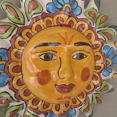 Mexican Hand Painted Terracotta Sun Face Wall Art