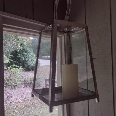 Pair of Metal Framed Glass Panel Hanging Candle Lanterns